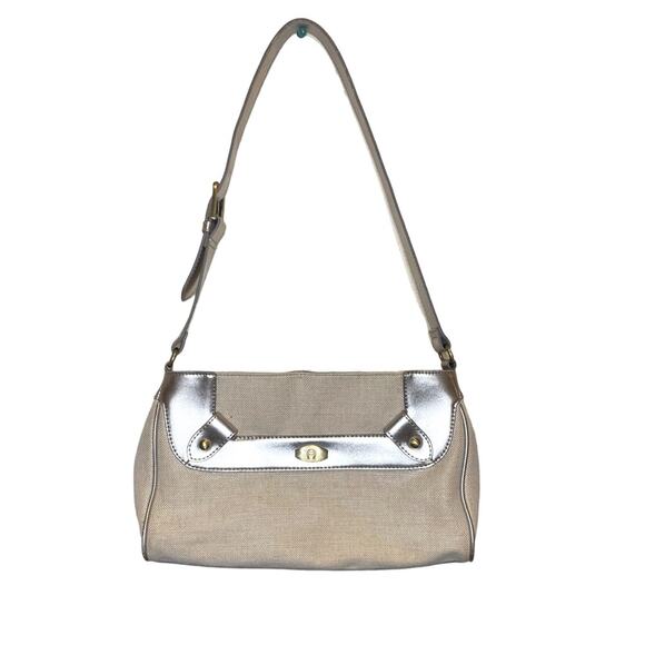 ETIENNE AIGNER Beige Linen W/ Metallic Gold Leather Trim Shoulder Bag Purse - Picture 1 of 10